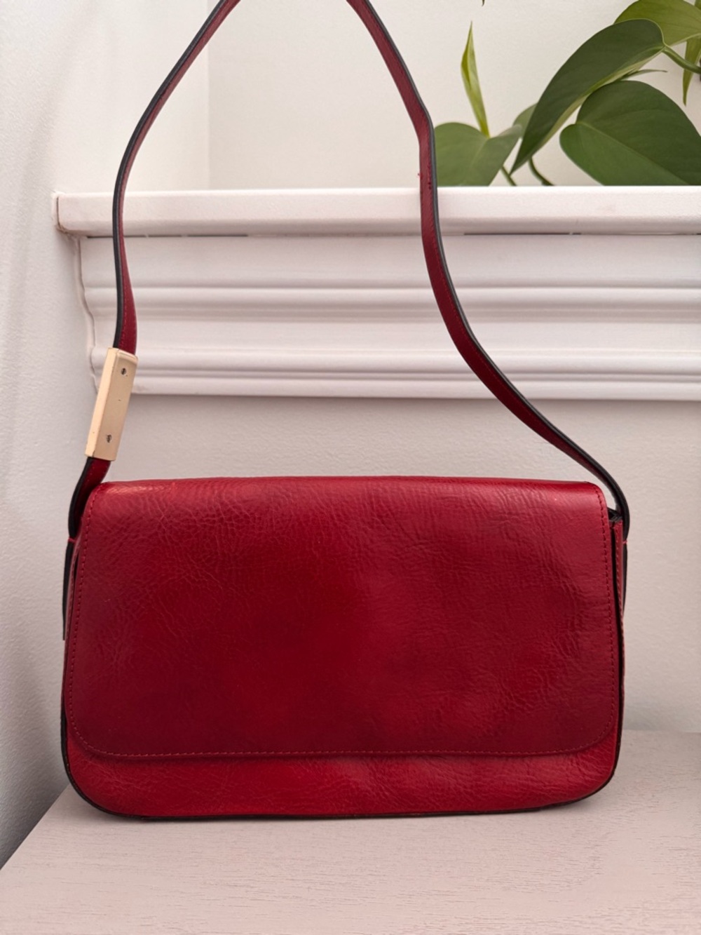 Vintage Fossil Red Leather Shoulder Bag with Gold Accent